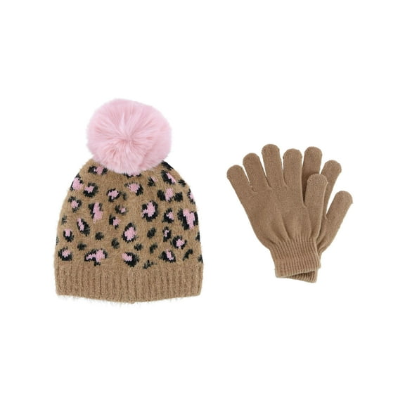 CTM Girl's 7-14 Leopard Print Winter Pom Hat and Glove Set by Connex Gear