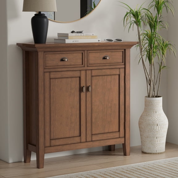 Simpli Home Redmond 36 inch Wide Solid Wood Transitional Entryway Storage Cabinet in Rustic Natural Aged Brown