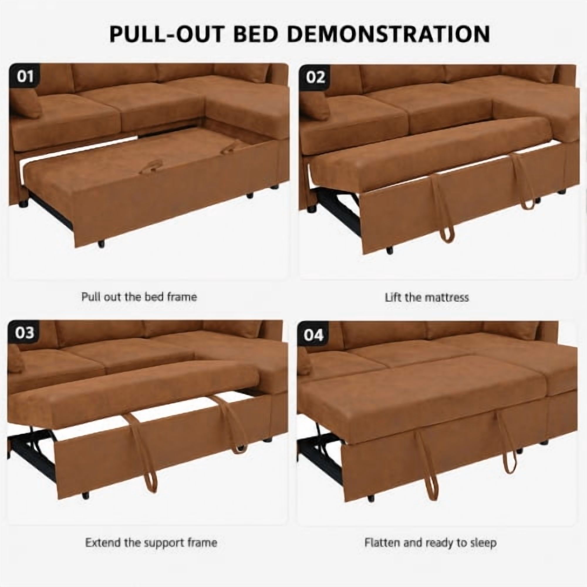 82.5" Convertible L-Shaped Pull-Out Sectional Sofa Bed with Storage Chaise, Cup Holders, and 2 Pillows, Modern Foil Fabric Sleeper Sofa for Living Room, Apartment, Light Brown
