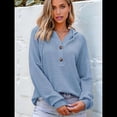 thumbnail image 4 of Sudadera con Capucha para Mujer, de Punto Gofre, Larga, Cordón Ajustable, Botones, Cuello en V, Informal, Tipo Jersey, con Capucha Azul L, 4 of 8