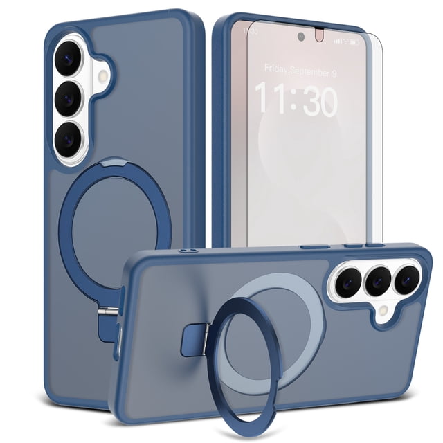 Asuwish Phone Case for Samsung Galaxy S26 5G Tempered Glass Screen Protector Magnetic Folding Stand Frosted Translucent Rugged Shockproof Protective Cell Cover S 26 26S 26 26S Women Men Blue