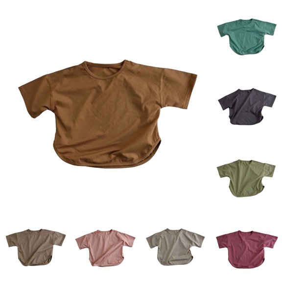 YMNXA Toddler Kids Girls T Shirt Summer Round Neck Short Sleeve Solid Color Comfortable Breathable Tee Top For Daily Wear,Brown,3-4 Years