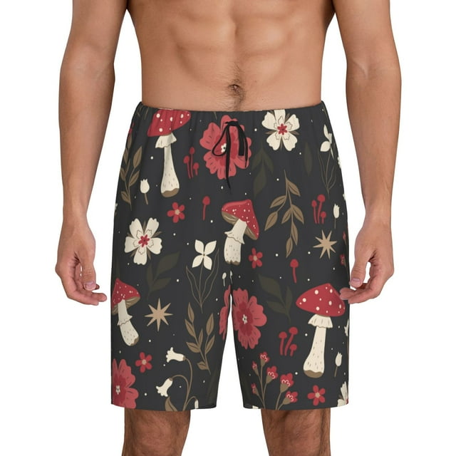 Balery Fly Agaric and Flowers Pantalones cortos de pijama de punto de algodón para hombre con cinturilla y bolsillos-4X-Large