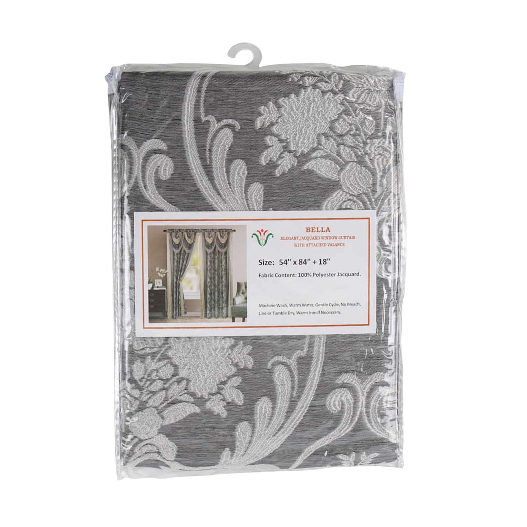 Bella Luxury Jacquard Curtain Panel with Attached Waterfall Valance & Scarf 54 by 84-Inch Grey
