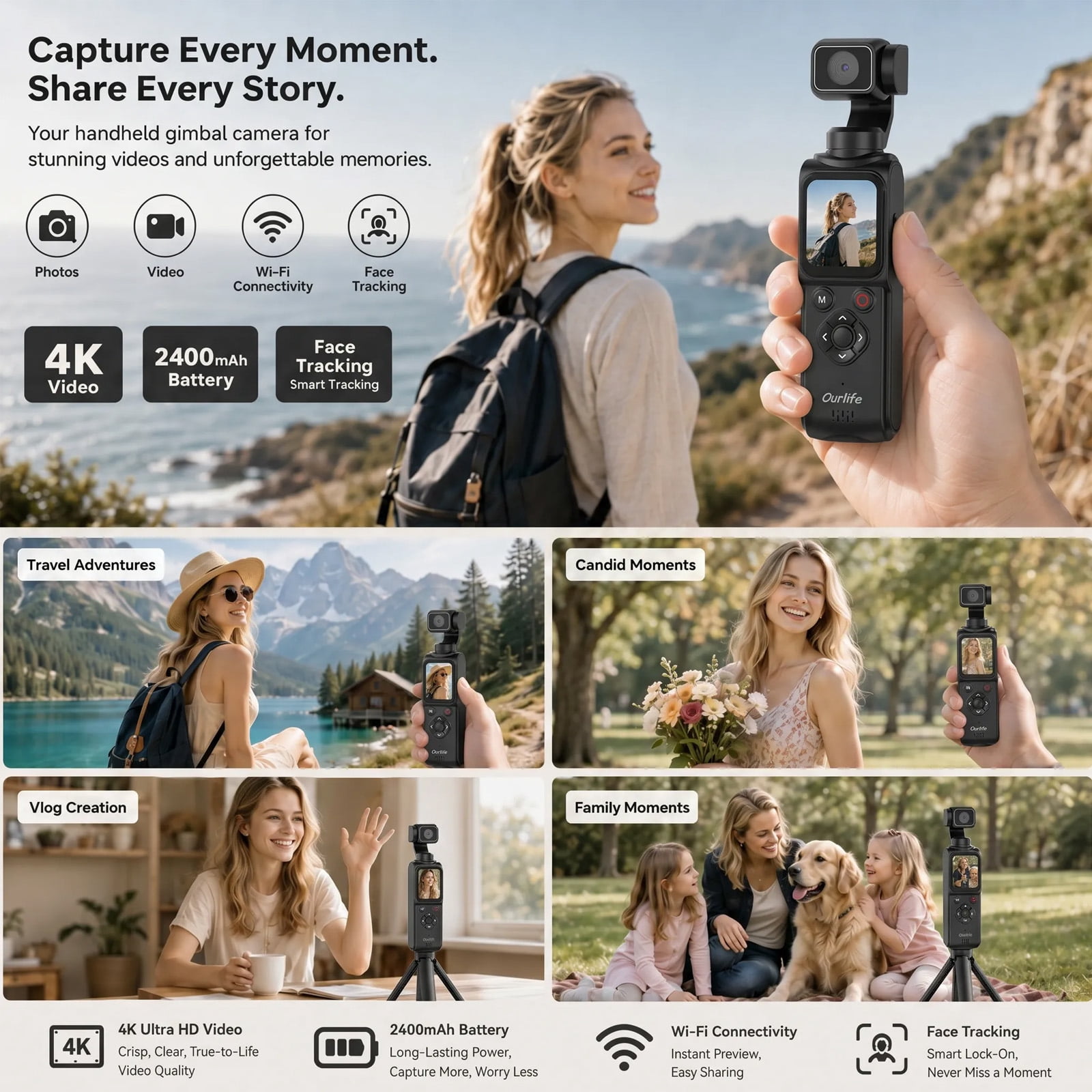 Ourlife 4K Digital Camera with 330° Rotating Gimbal, 1.72" Touch Screen, Face Tracking, 2400mAh Battery, 64GB Card, Pocket Camera for Vlogging