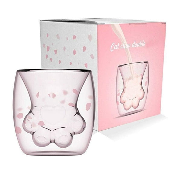 Cute Cat Mugs - Cat Paw Cups Adorable Sakura Cup, Double Wall Coffee Mugs, 3D Cat Foot Glass Cups for Milk Tea, Delicate Japanese Style Sakura Sparks Claw Cup