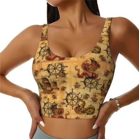 Jgfou Vintag Ancient Sailboats Print Womens Sports Bra - Padded Workout Sports Bras Crop Tank Top