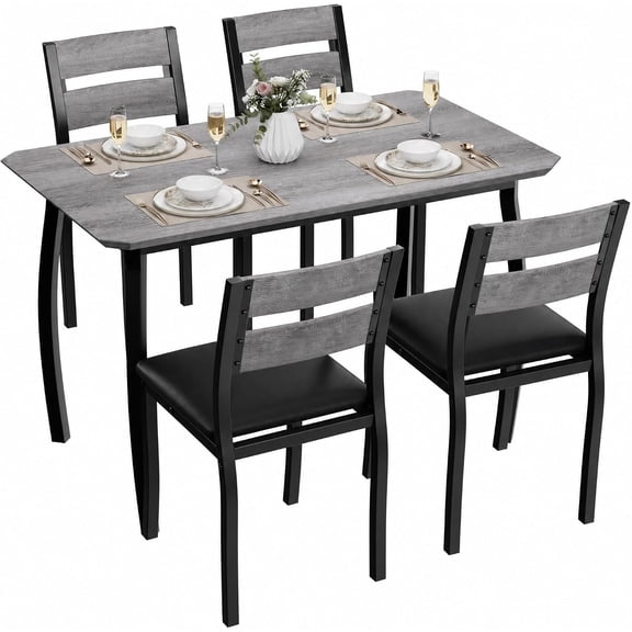 5-Piece Dining Table Set for 4, Modern Space-Saving Kitchen Table with Corner-Cut Design, Padded Chairs, and Metal Frame for Small Apartments and Dining Rooms,Black Gray