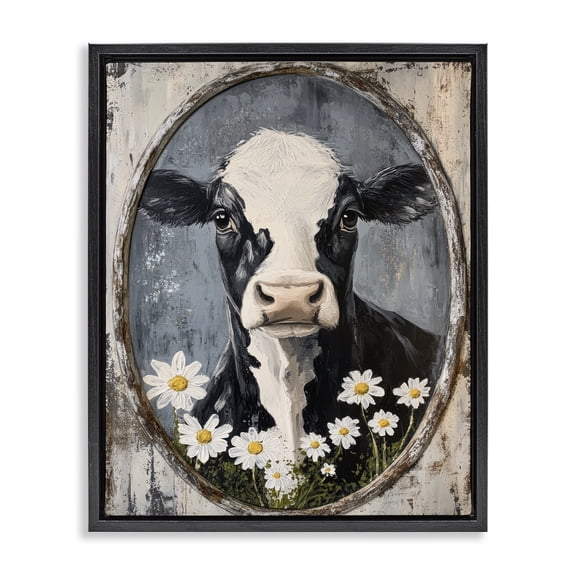 Stupell Industries Shabby Chic Distressed Cow Portrait Black Floating Frame Canvas Art, 17 x 21, by Petals Prints Design