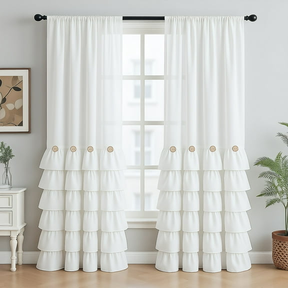 White Ruffle Blackout Thermal Insulated Window Curtain Vintage Chic Farmhouse Button Treatments for Living, Dining Room, Bedroom, 52”W x 84"L,Rod Pocket 1 Panel