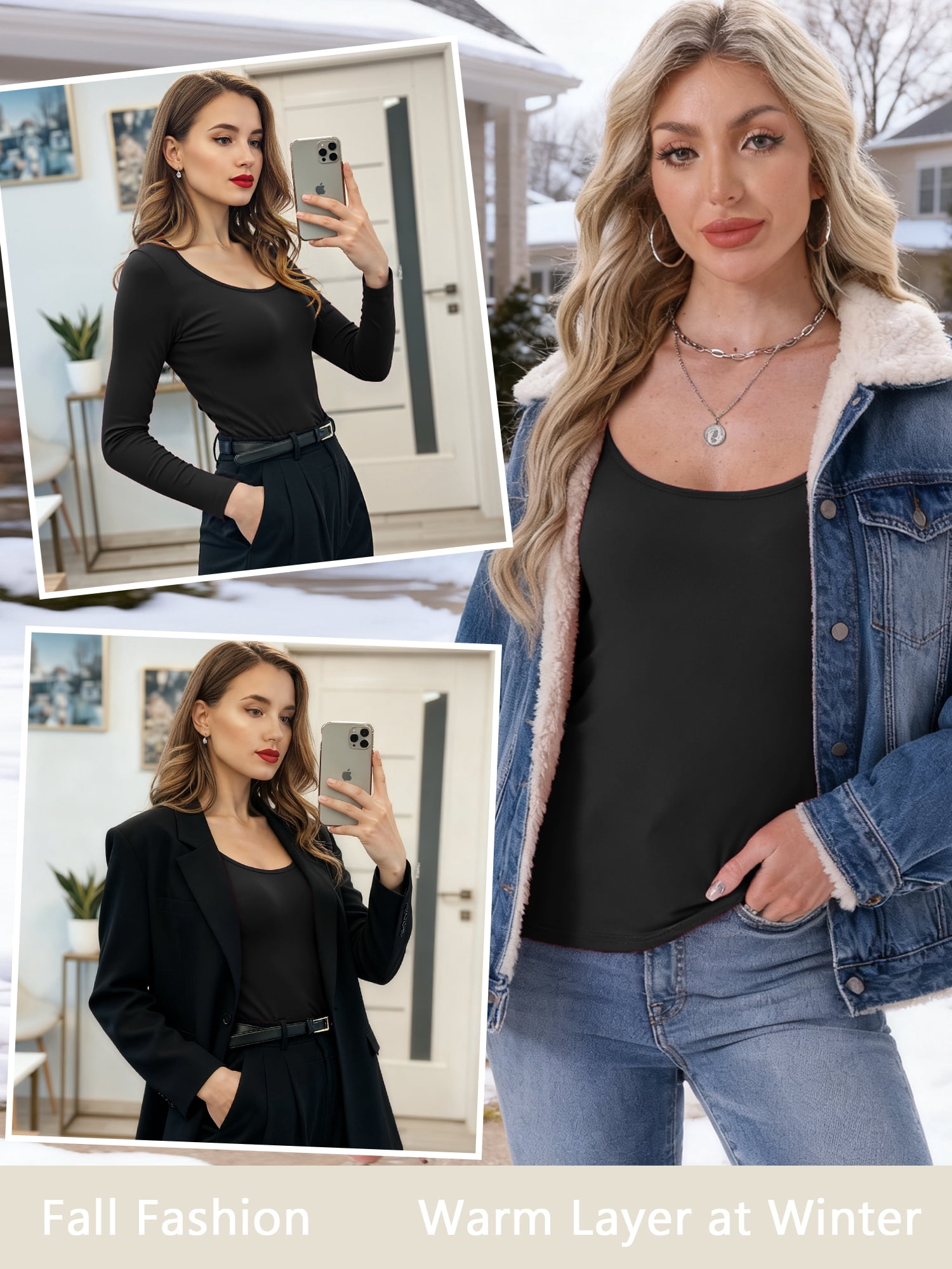 DARING DIVA Women's Scoop Neck Long Sleeve Slim Stretchy Thermal Tee L Black