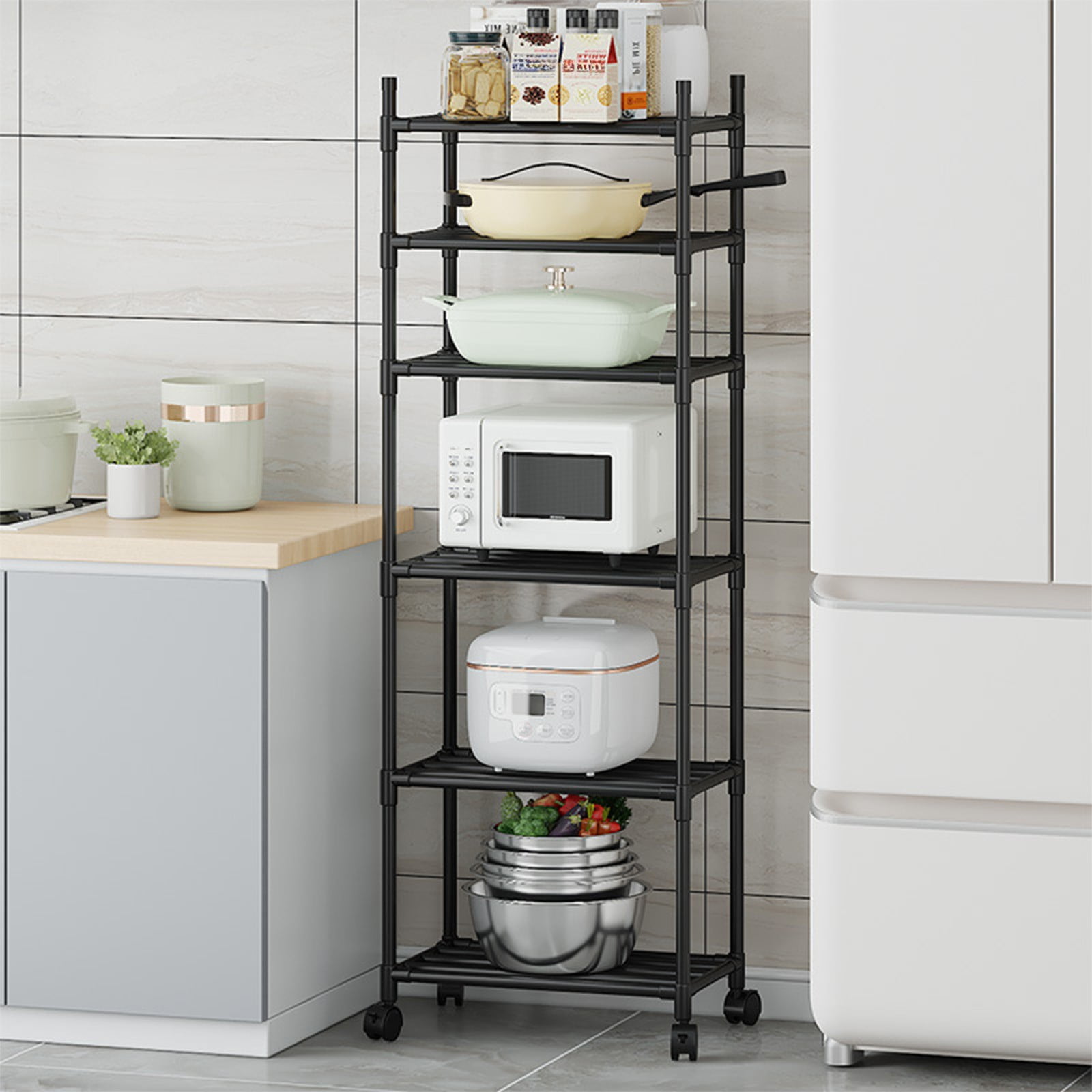Tahtuvzn School Bathroom Storage Trolley Home Shelf Book Toy Organiser, Plastic, Black, 66.9x15.7x12.6in