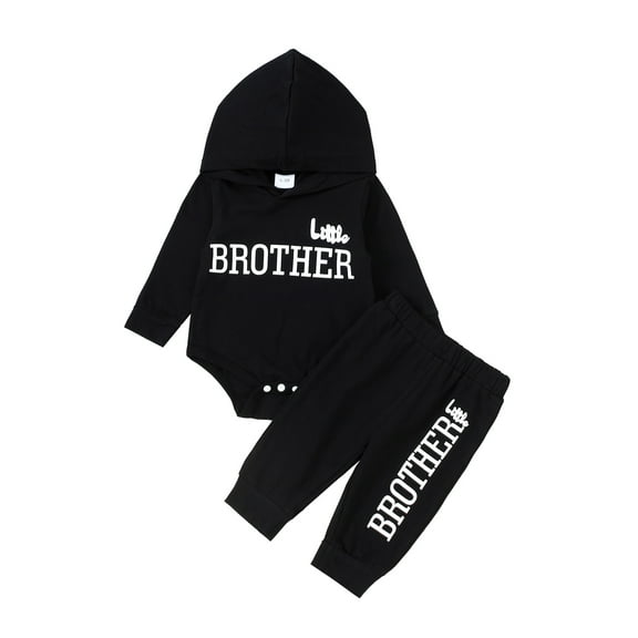 KIMI BEAR Newborn Baby Boys Outfits 0-3 Months Long Sleeve Letter Hooded Romper Top Pants 2PCS Pant Sets Fall Winter Black