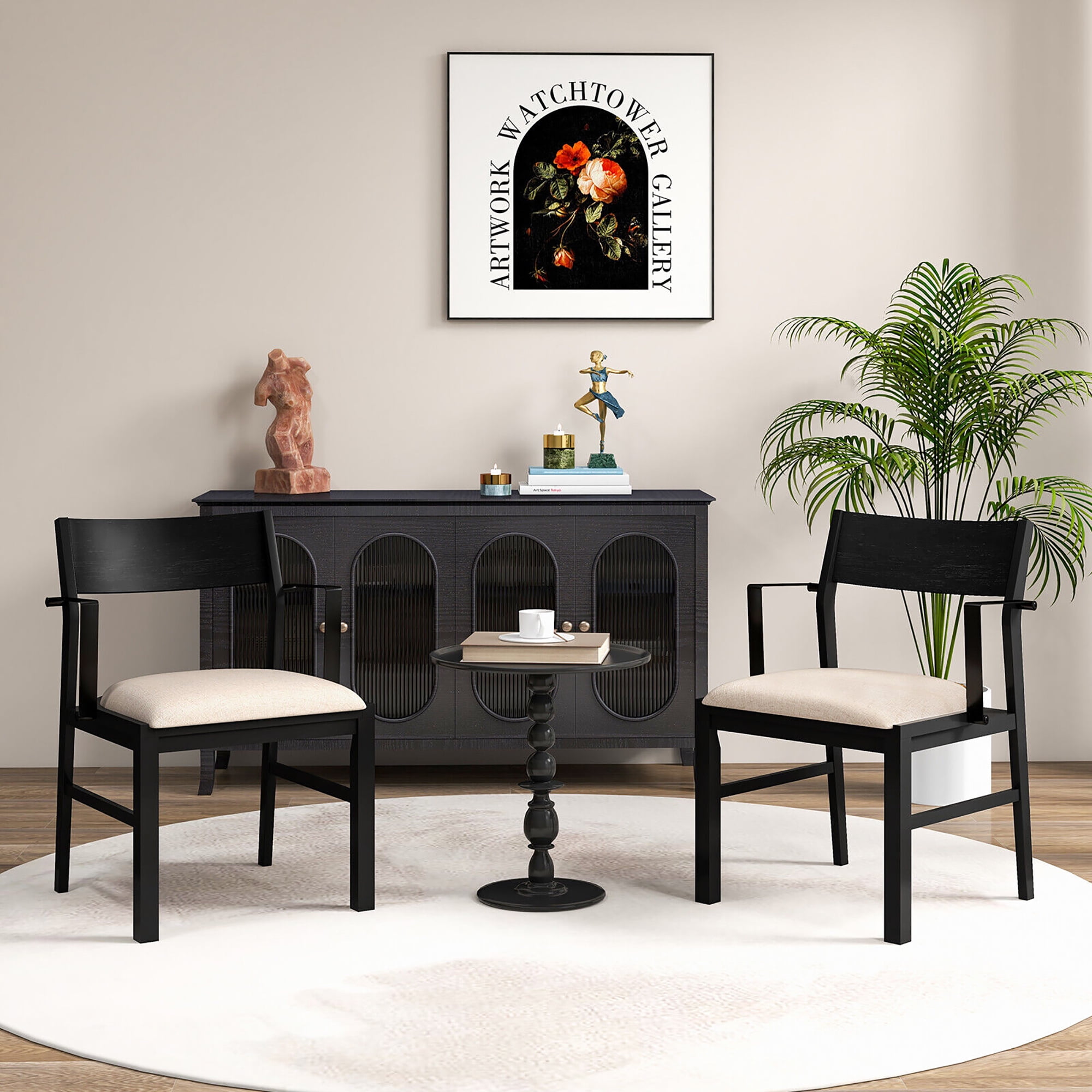 Gymax Dining Chair w/ Arms Set of 2 Modern Kitchen Chairs & Contoured Backrest Black & Beige