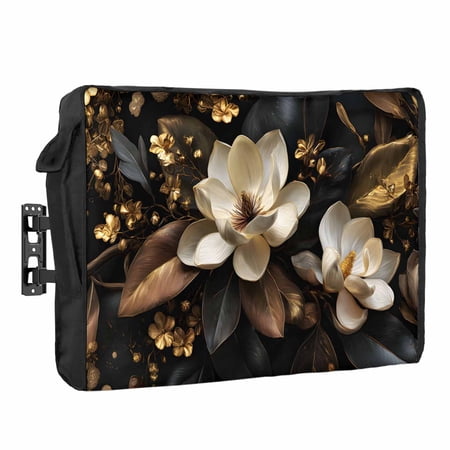 Magnolia Blossoms Waterproof Outdoor TV Cover, Vintage Floral Gold Black Branches Outside Weatherproof TV Enclosures for 60 to 65 Inch LCD Television Shield Flat Screen Protectors
