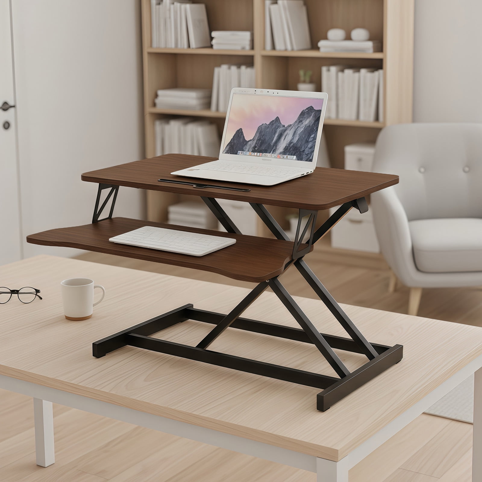Standing Desk Converter, 32 Inch Standing Desk Adjustable Height for Table Tops and Home Office, Desk Riser Computer Workstation with Wide Keyboard Tray 2-Tier Desktop, Walnut Color