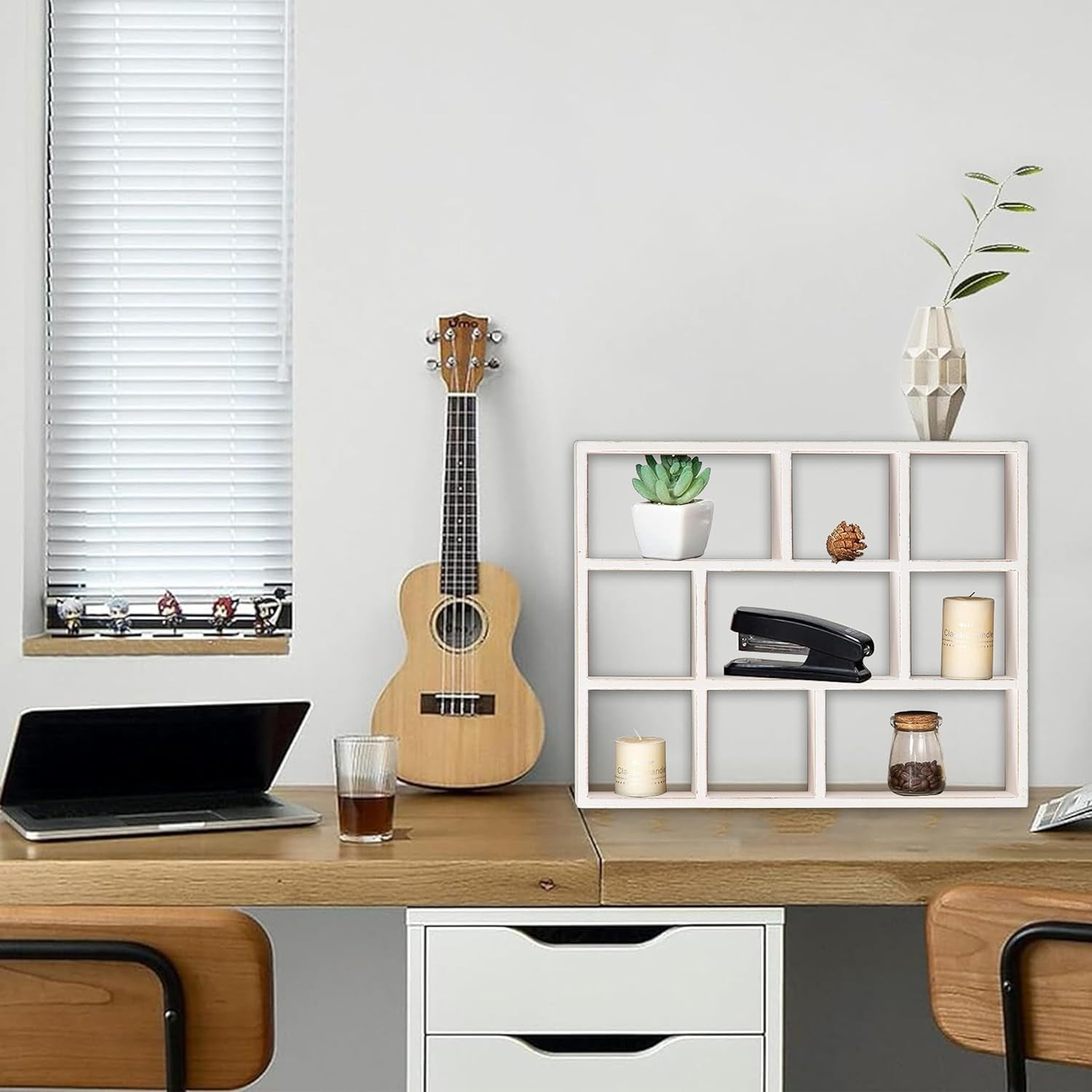 SOFE Wood White Shadow Box Frame with Shelves, 3 Tier Wall Shelving Unit, Wall Mounted Curio Cabinet, Floating Cube Shelves for Wall, Knick Knack Display Shelf, Display Cases for Collectibles