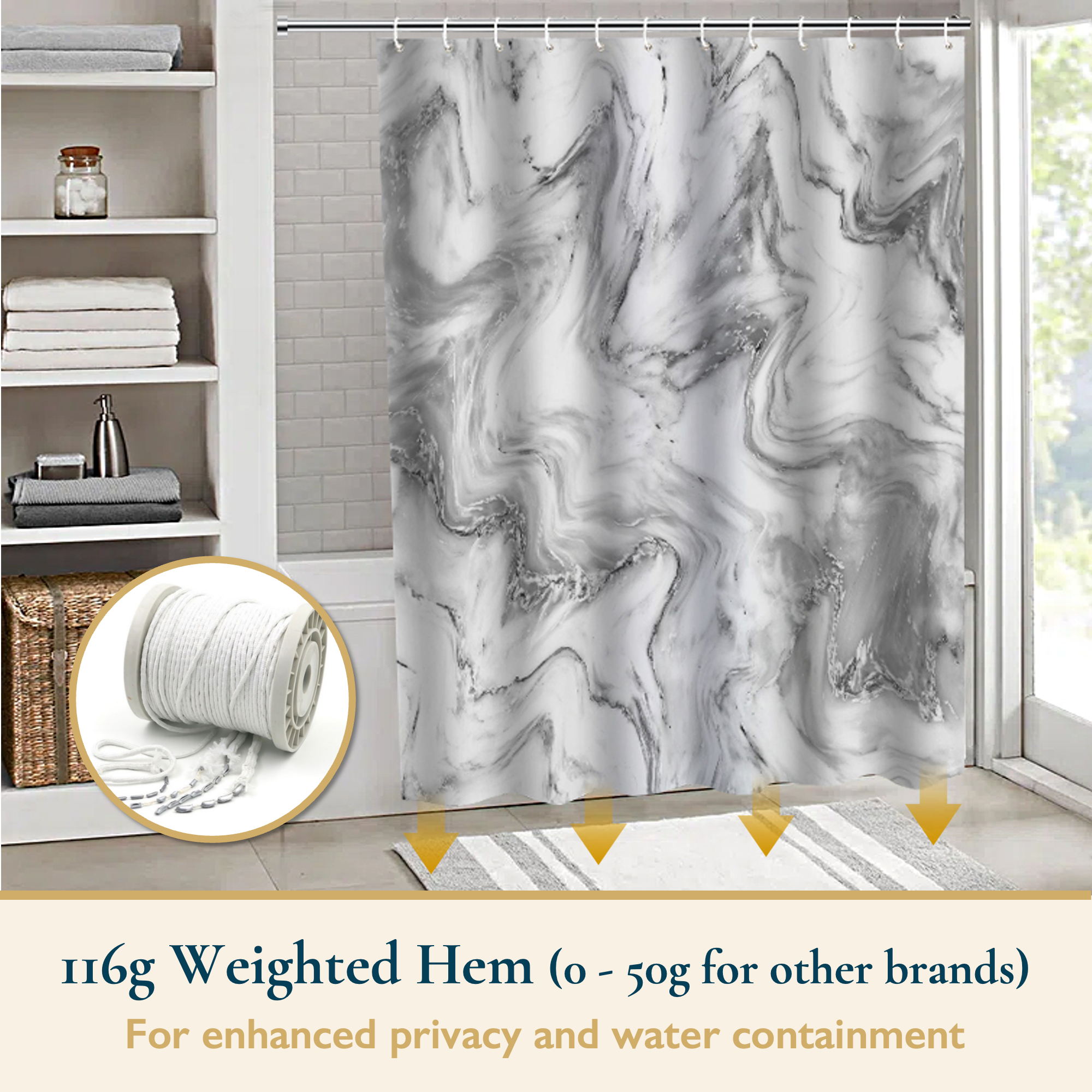 ComfiTime Marble Shower Curtain, Gray, 72x72", With Hooks photo 5