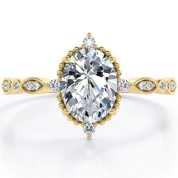 JeenMata Anillo de Compromiso con Bisel de Filigrana Vintage, Moissanita de Forma Ovalada de 1,5 Quilates y 5 Piedras con Decoración Milgrain en Baño de Oro Amarillo de 18 K sobre Plata