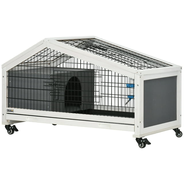 PawHut Wooden Rabbit Hutch with No-leak Tray, Wheels, Water Bottle