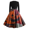 thumbnail image 5 of Women's Halloween Dress Bat Candy Long Sleeve 1950s Cocktail Fall Dresses V Neck Hepburn Retro Casual Dress with Belt XL, 5 of 5