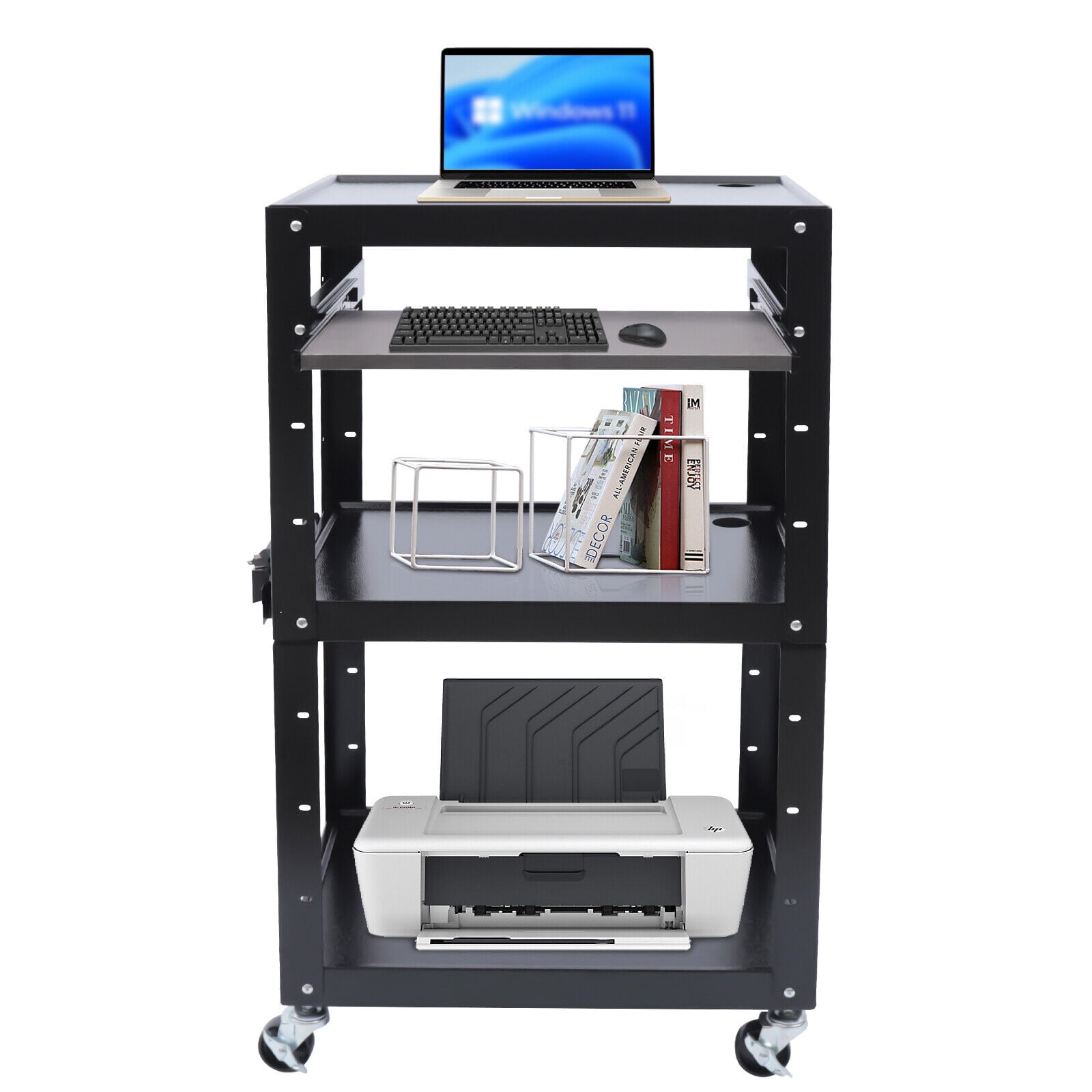 AV Cart on Wheels | Height Adjustable Top Shelf & Pullout Keyboard Tray, Rolling Standing Desk Stand Up Desk, Height Adjustable Home Office Desk with Standing