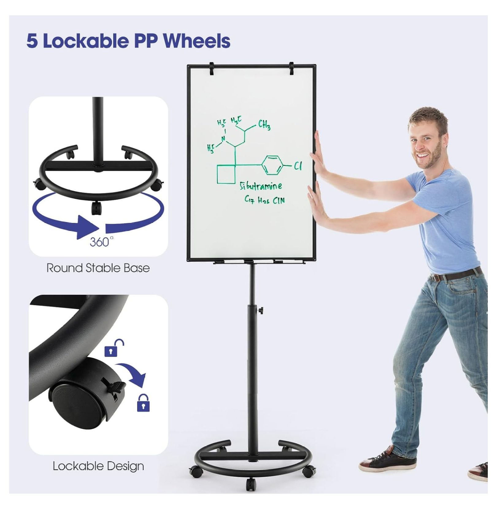 Mobile White Board Dry Erase, 40x26” Rolling Magnetic Whiteboard W/Adjustable Stand, Dry Whiteboard Eraser, 2 Flipchart , 25 Sheets Paper Pad, 6 Markers, Standing Portable White Board