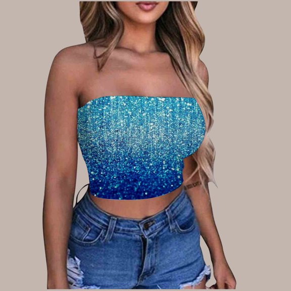 Aueoeo Women's Casual Cami Top Sequined Print Strapless Tube Tops Stretchy Going Out Tank Crop Tops Casual Trendy Clubwear