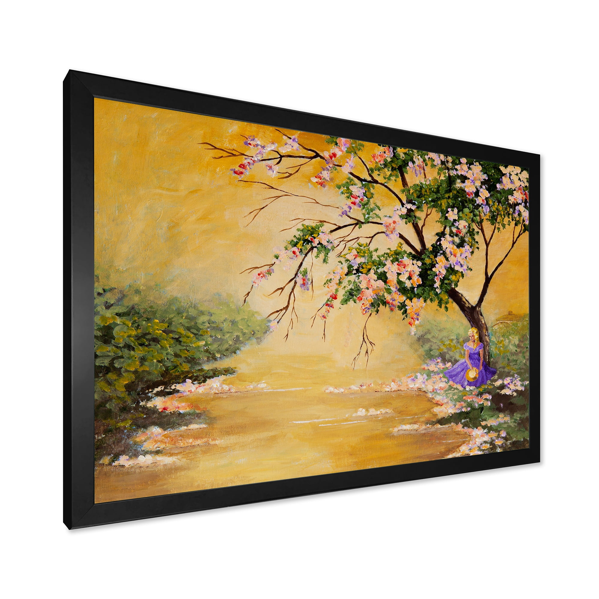 Beautiful Girl Standing By The Flowering Tree 20 in x 12 in Framed Painting Canvas Art Print, by Designart