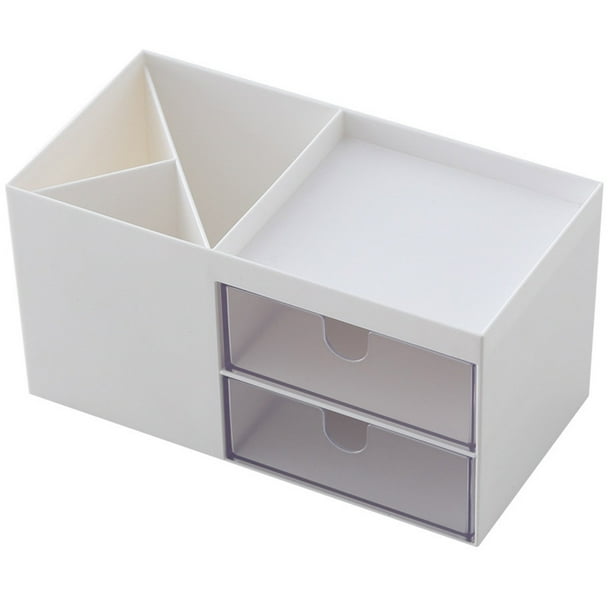 Organizador de escritorio con 2 cajones transparentes y 3 compartimentos | Organizador de maquillaje y artículos de oficina de plástico ABS blanco y azul | Almacenamiento de cosméticos para e