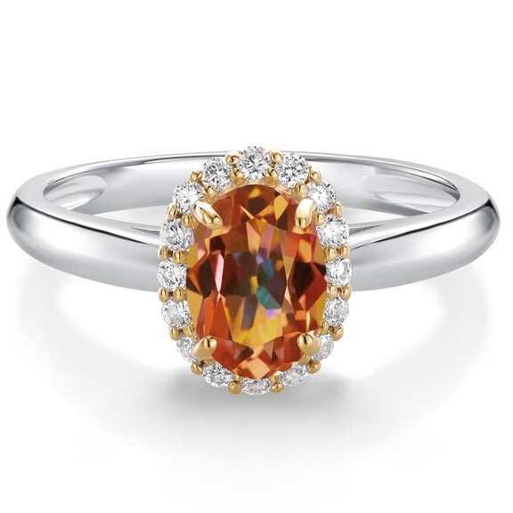 Gem Stone King 925 Sterling Silver and 10k Yellow Gold Ecstasy Mystic Topaz and White Lab Grown Diamond Halo Engagement Ring for Women (1.13 Cttw, Gemstone, Oval 7X5MM, Size 7)