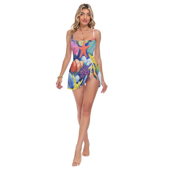 Womens Colorful Featuring Seashells Pattern Print 2-in-1 Swim Dress Detachable Skirt One-Piece Swimsuit Square Neck S-XXL