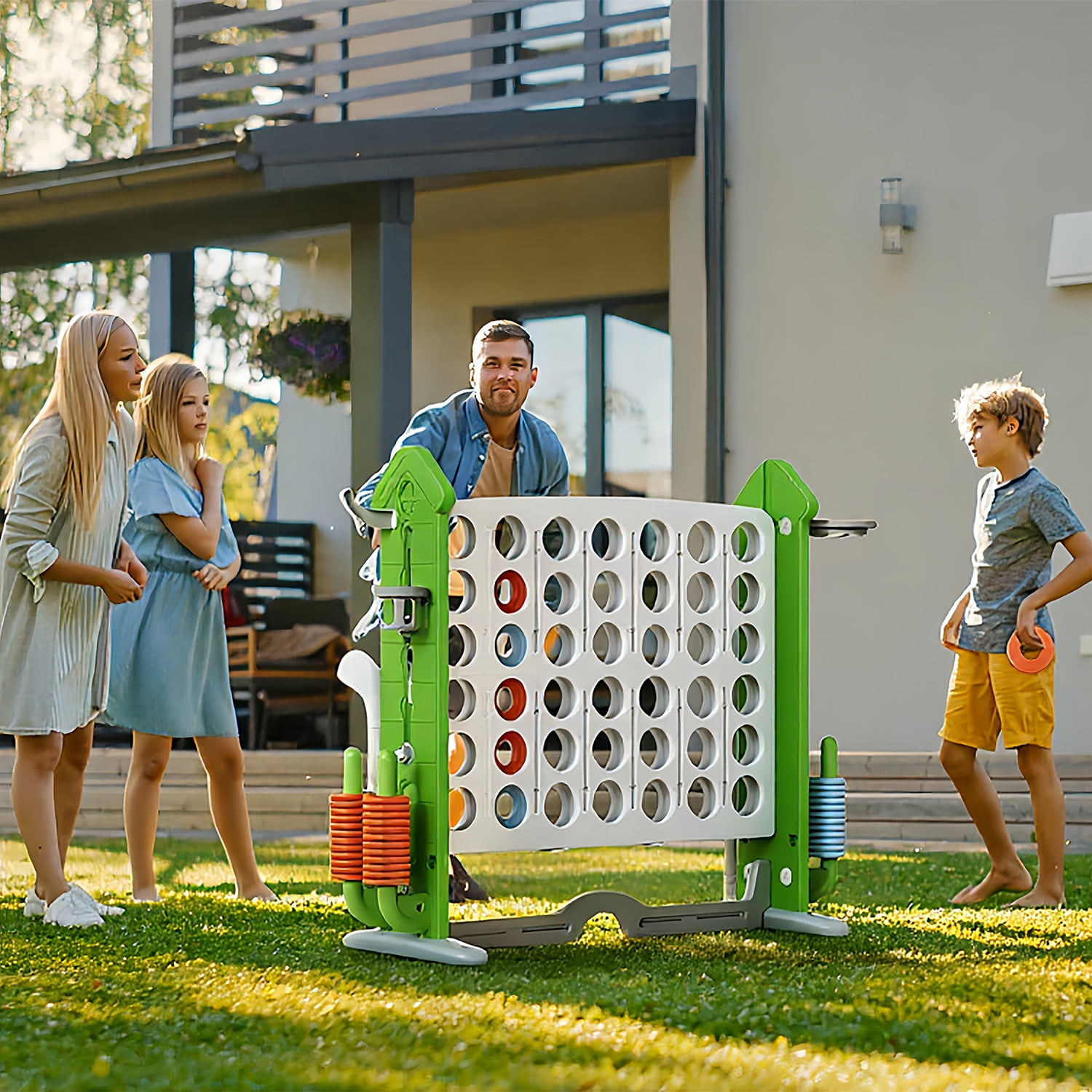 UNICOO Giant 4 in A Row Game with Carry Bag, Basketball Hoop, Ring Toss Game, 4-to-Score Game | Large Outdoor Yard Game, Parties & Gatherings Games (Green & White)