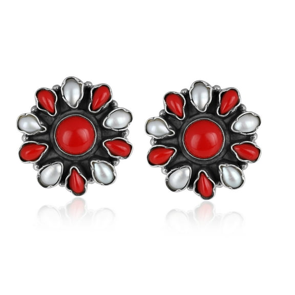 Natural Coral & Pearl Stud Earrings in 925 Sterling Silver – Handmade Red Coral & White Pearl Gemstones with Push Back, Elegant Jewelry Gift for Women