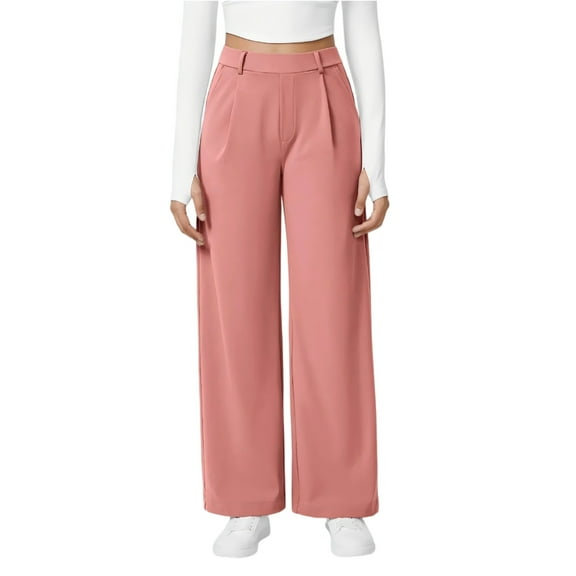 Wide Leg Pants for Women Stretchy Pull On Work Pants High Waisted Business Casual Trousers Slacks with Pockets Pink M