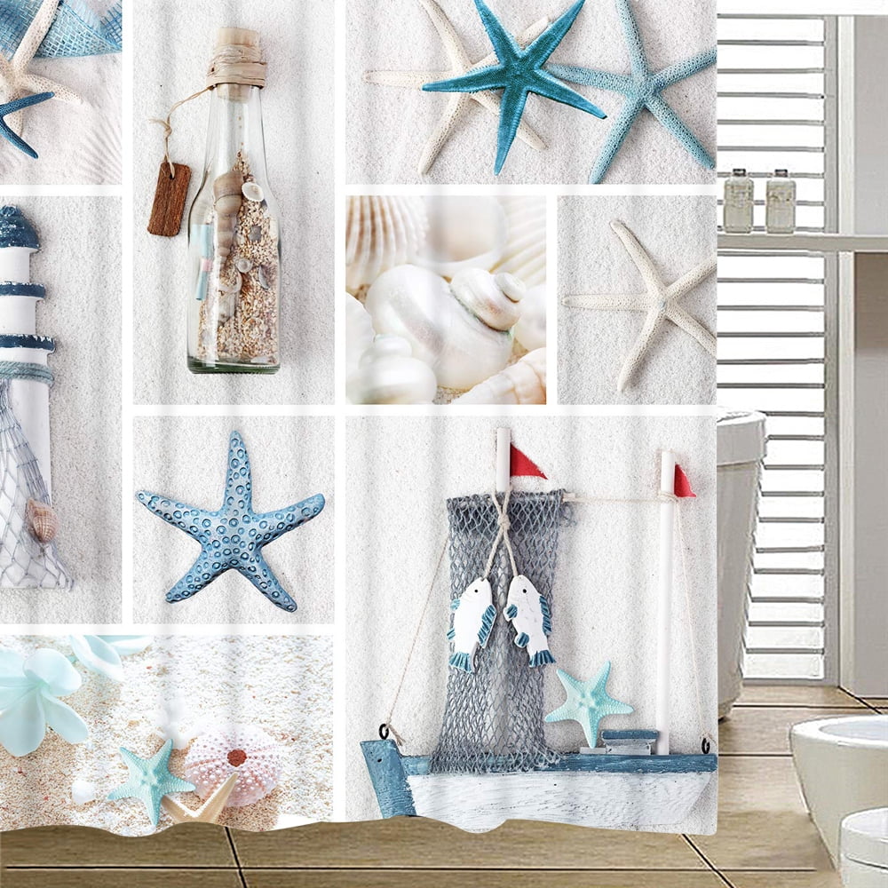 Bathroom Shower Curtain, Blue Sea Life Seashell Pattern