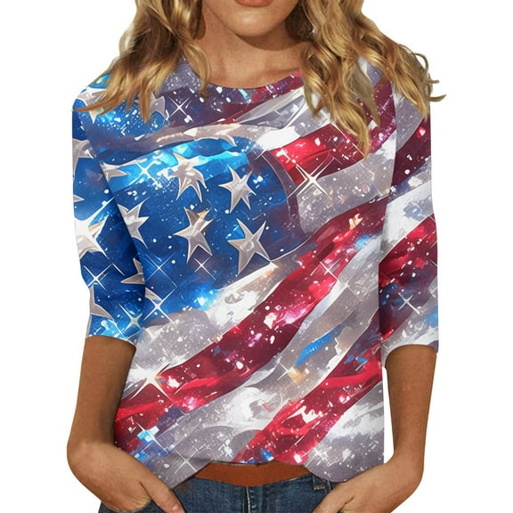 Womens Tops, 4Th Of July Print Round Neck Three Quarter Sleeves T-Shirt Black Corset Tops For Women Dress Shirts Country Concert Outfits Tank Top Crochet Casual Outfits (S, Blue) ZMTing