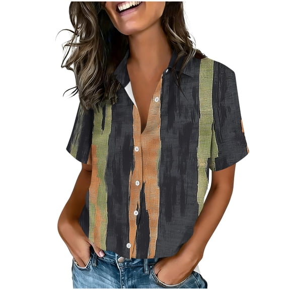 Tnhcen Women's Casual Loose Fit Short Sleeve Button Up Shirt with Random Color Block Print, Retro Boho Style Collared Top in Sizes S-2XL