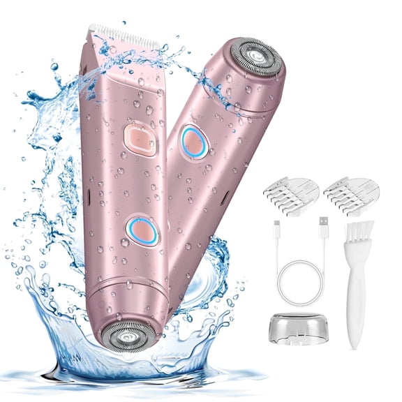 Bikini Trimmer for Women: 2 in 1 Electric Razor with Dual Heads for Bikini Underarm Leg Arm Body Face Facial - Wet & Dry Use Epilators Hair Removal, Pink