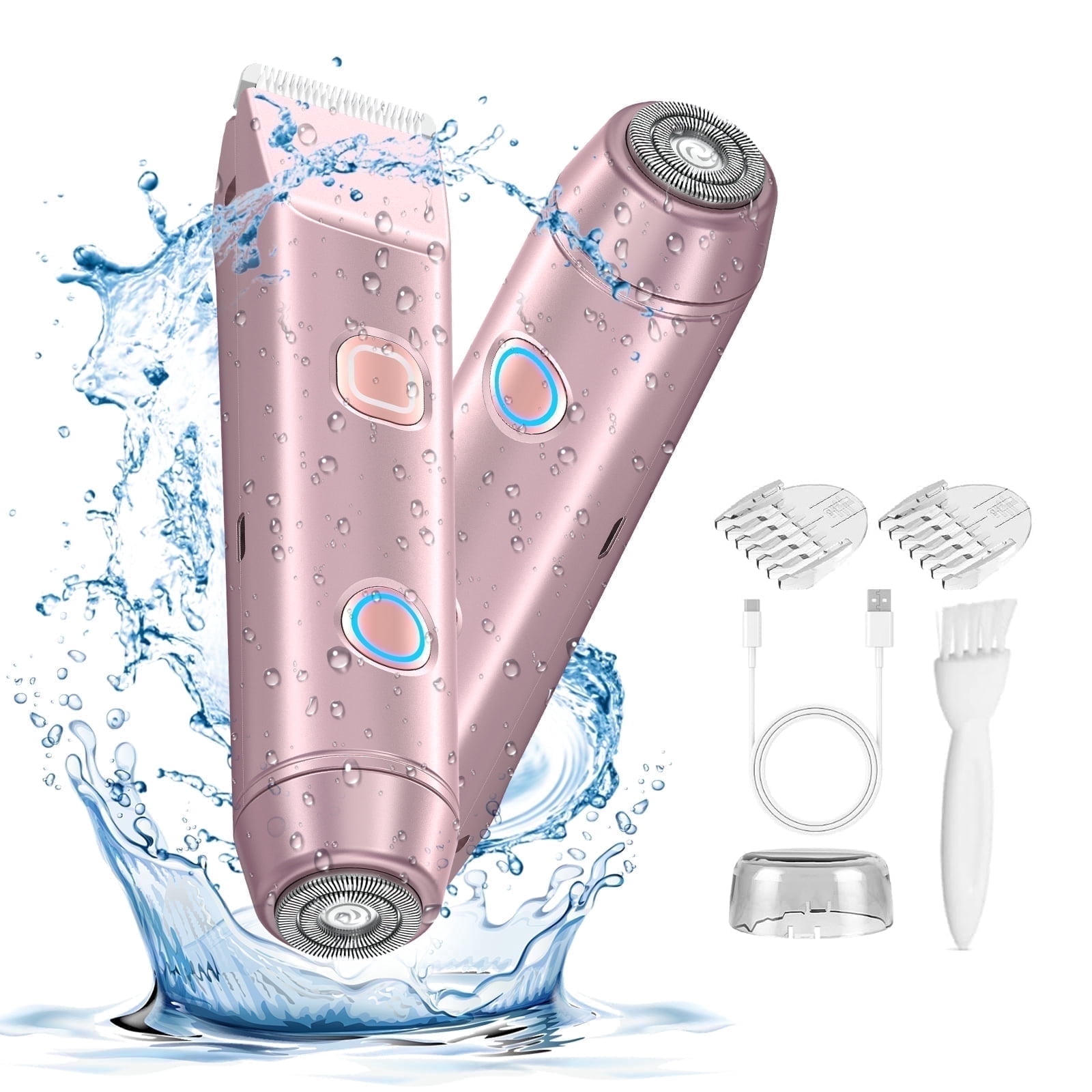 Bikini Trimmer for Women: 2 in 1 Electric Razor with Dual Heads for Bikini Underarm Leg Arm Body Face Facial - Wet & Dry Use Epilators Hair Removal, Pink
