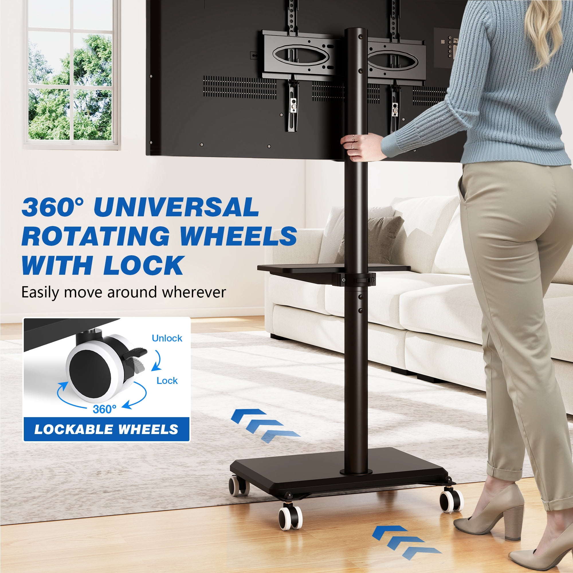 RTVR Rolling Mobile TV Cart Stand with Mount for 32-60 inch Screens, Corner Swivel TV Mount Stand with Media Shelf, Wooden Base Furniture
