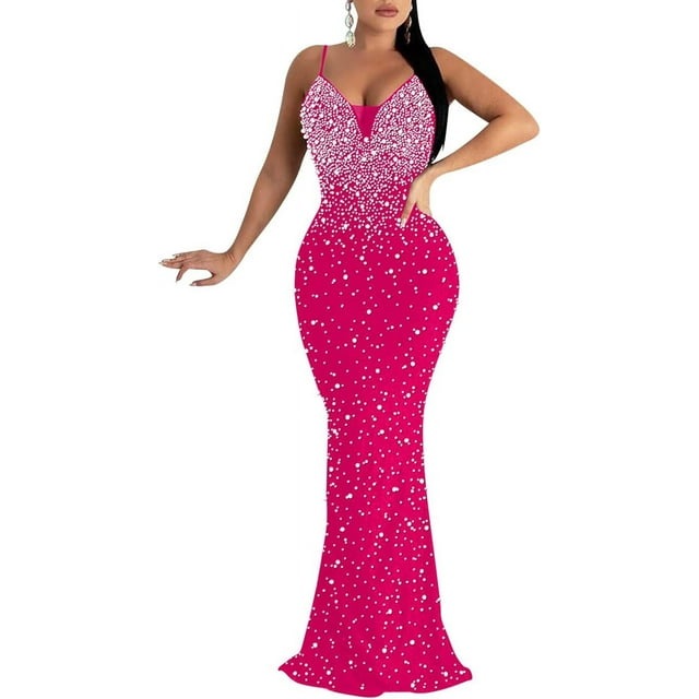 XINQIHANG Robe Moulante Sexy Élégante pour Femmes avec Strass, Robe de Soirée Longue