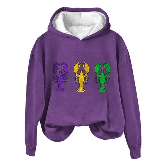 Bunenne Mardi Gras Sweatshirts Womens Tops Women's Carnival Three Crawfish Print Hoodie Crew Neck Shirt Women's Pullover Sweatshirt Hoodies for Women Purple 1 L