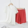thumbnail image 2 of 2 Piece Pajamas Set Modal Cotton Short Sleeve V Neck Top with Ruffled Shorts Womens Soft Pjs Outfits Loose Sleepwear (XL, White+Red), 2 of 6