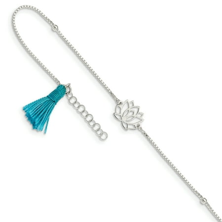 - Sterling Silver Lotus with Blue Fabric Tassel with 1in Extender Anklet