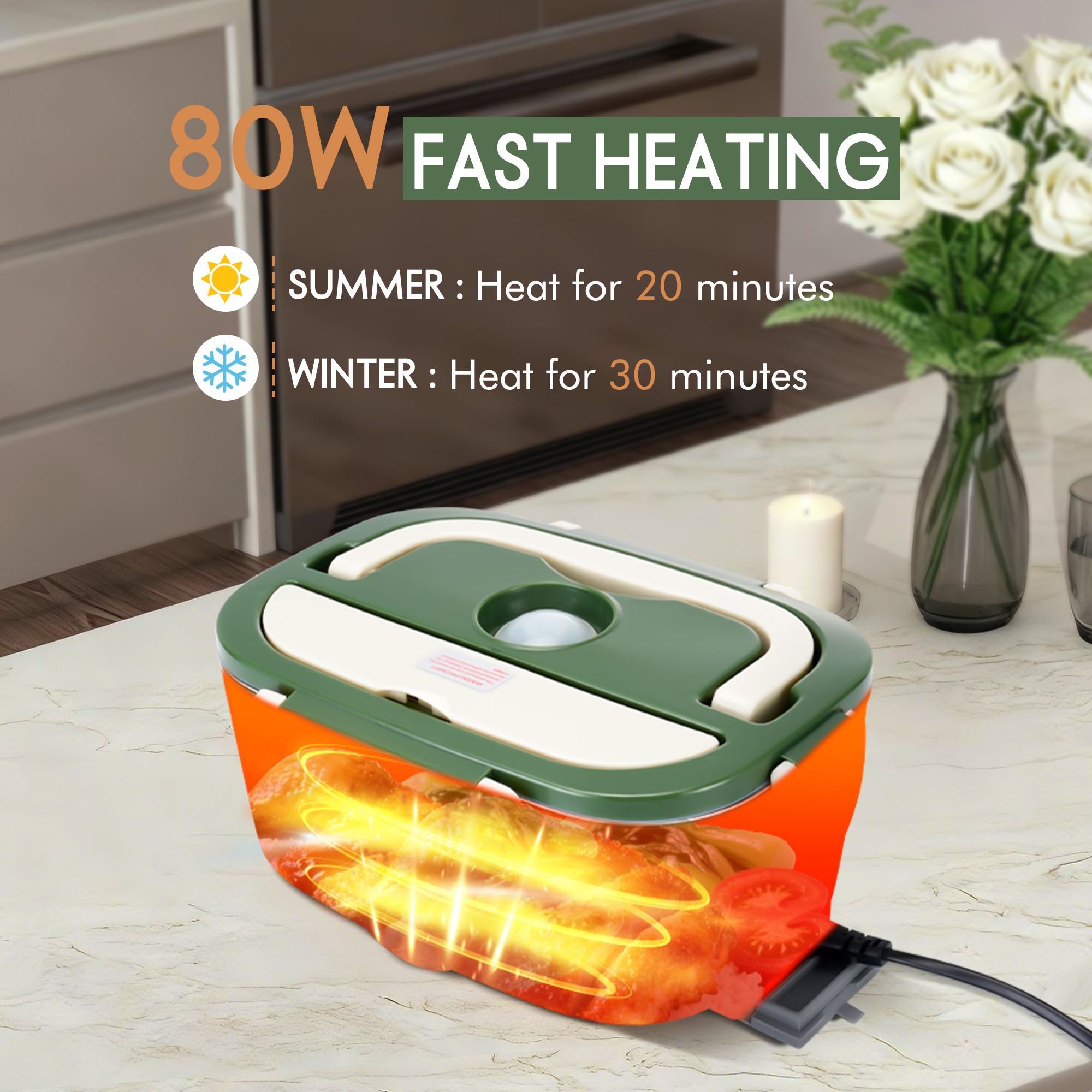 Electric Heated Lunch Box for Adults, 4 IN 1 Heating Lunch Box with 2 Pack 1.5L Container, 80W Lonchera Eléctrica Portátil, Food Warmer for Car/Truck/Office, Gift for Men (Green)
