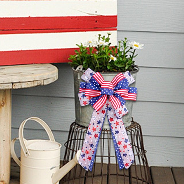 Corona de bandera americana con lazo para puerta delantera, decoración de pared para puerta del 4 de julio, lazo patriótico para corona para fiesta, Diseño de rayas