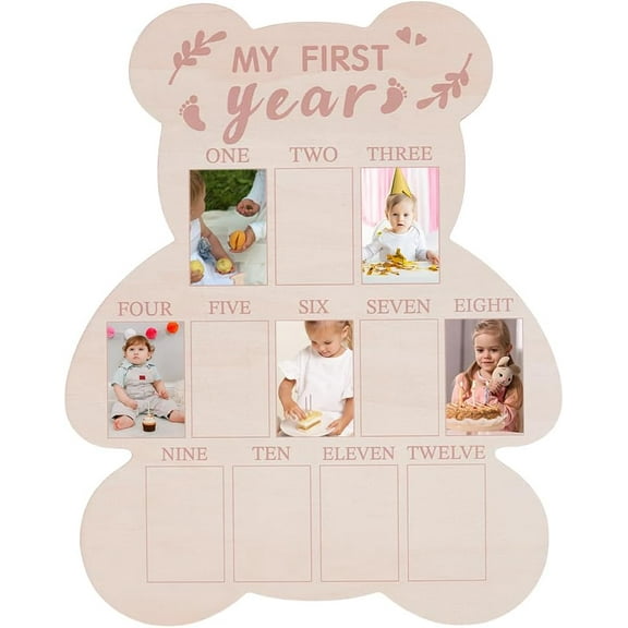 My First Year Photo Frames Board 12 Months Milestone Board Small Photo Collage Wall Hanging Bear Shaped Baby Keepsake Birthday Nursery Decor Gifts 42x33.5x0.45cm DIY