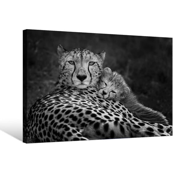 Aaheei Leopard Canvas Wall Art Black and White Cheetah Painting Cheetah Family Mother with Cub Prints Picture Wildlife Artwork for Bathroom Bedroom Office Living Room Hallway Decor 8 x 10 in