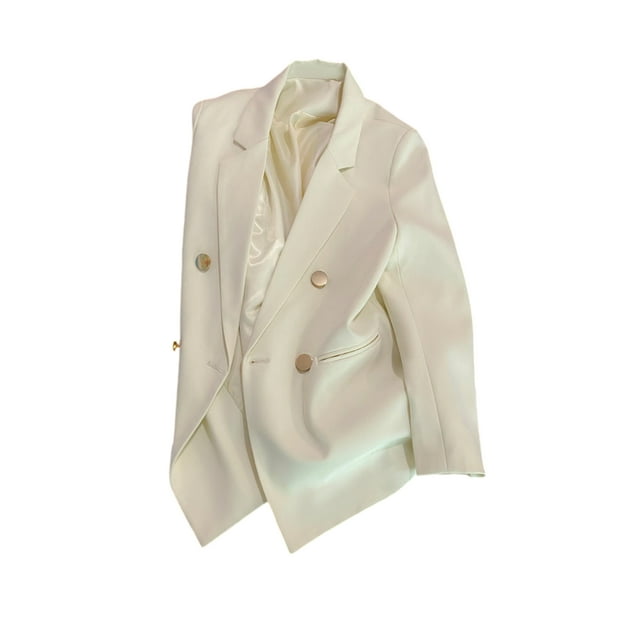 Fashnice Veste d'Extérieur pour Femmes, Blazer à Double Boutonnage, Cardigan Décontracté pour Bureau, Blanc Cassé L